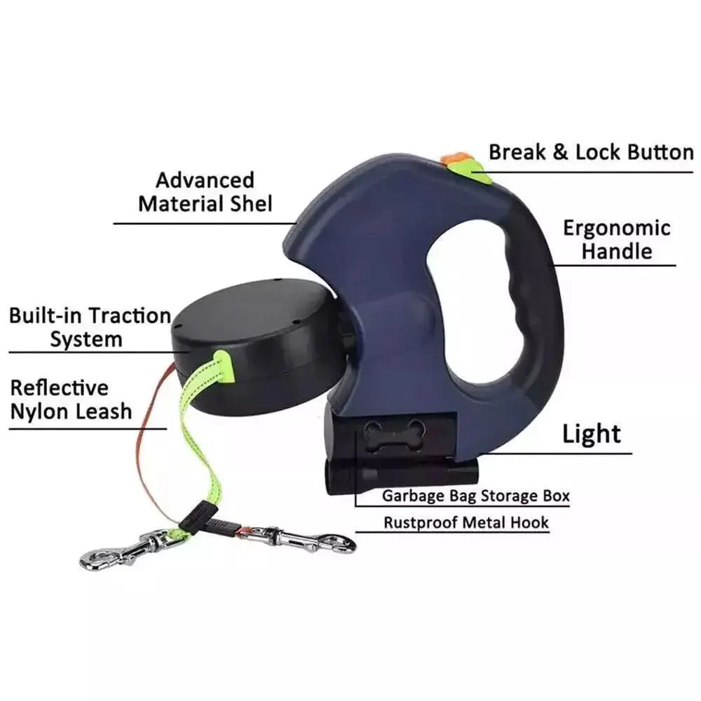 Flexipaw™ Dual Retractable Dog Leash with 360° Tangle-Free Design and Reflective Double Lead