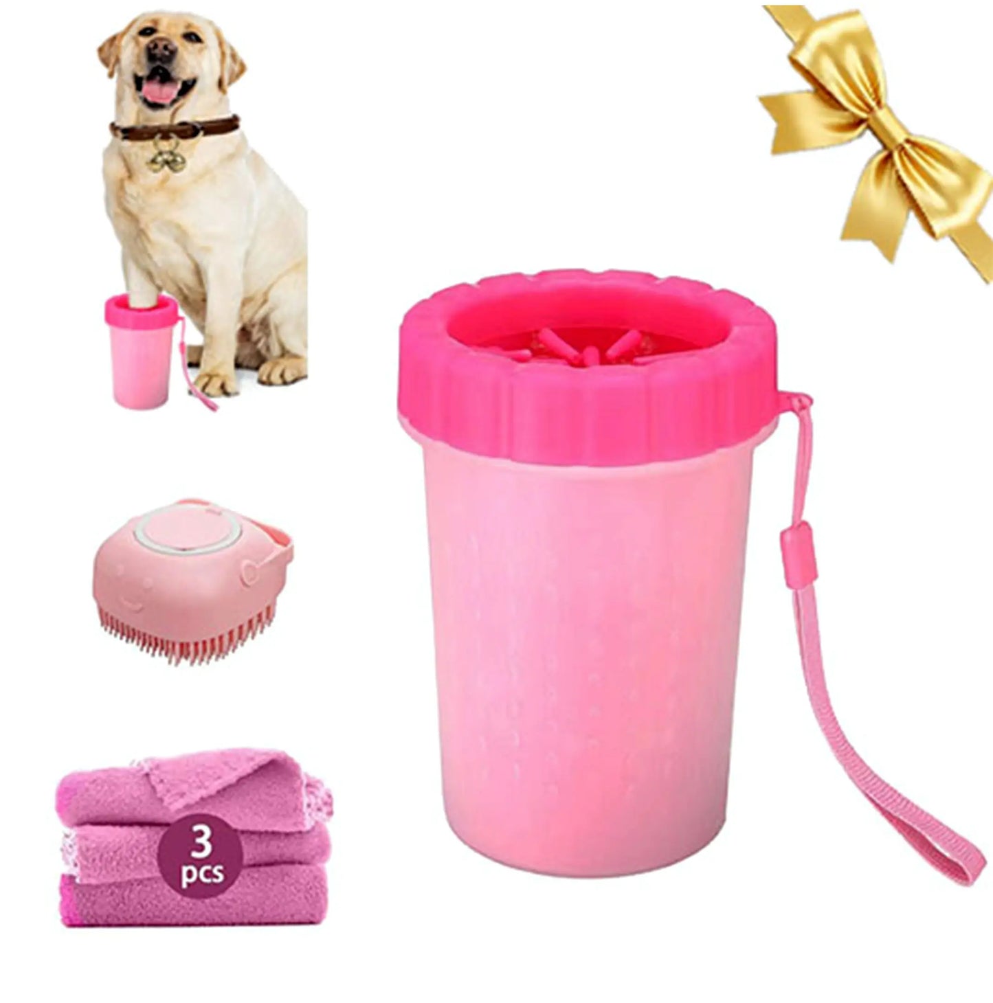 Portable Silicone Pet Paw Cleaner with Ergonomic Grip - Universal Cleaner for Dogs and Cats of All Sizes, Includes Set of 3 Absorbent Polyester Deodorizing Towels